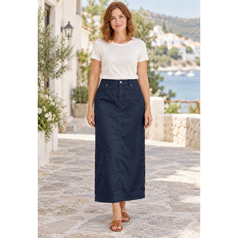 J.Jill Womens Navy Blue 100% Linen 5-Pocket Maxi Straight Skirt Size 8